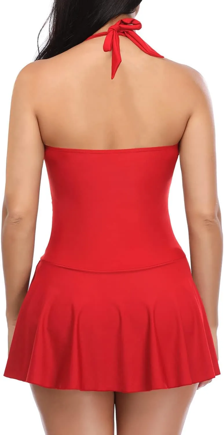 SHEKINI Women's Halter One Piece Skirt Swimsuit Ruched Swimdress Tummy Control Bathing Suit