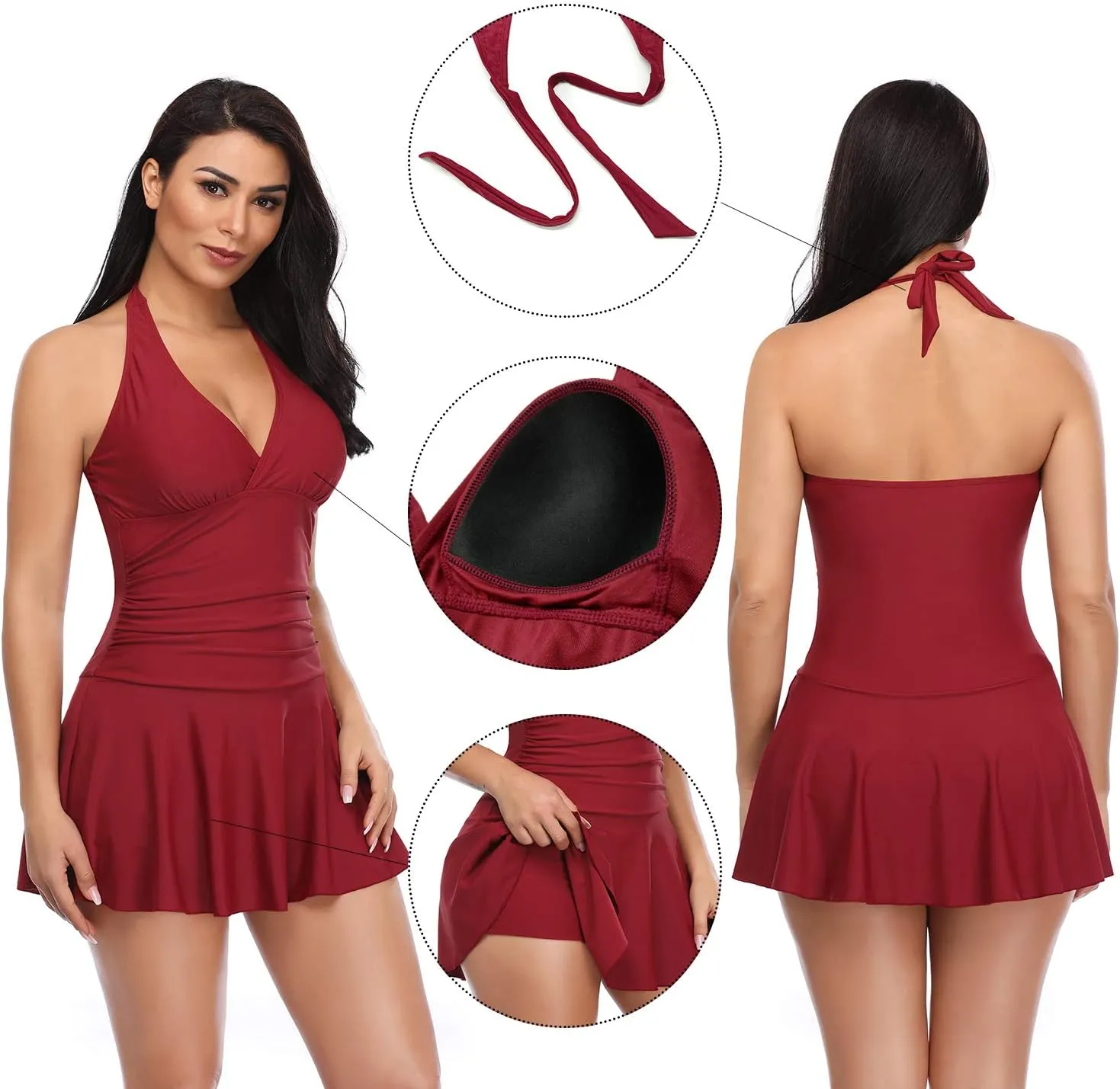 SHEKINI Women's Halter One Piece Skirt Swimsuit Ruched Swimdress Tummy Control Bathing Suit