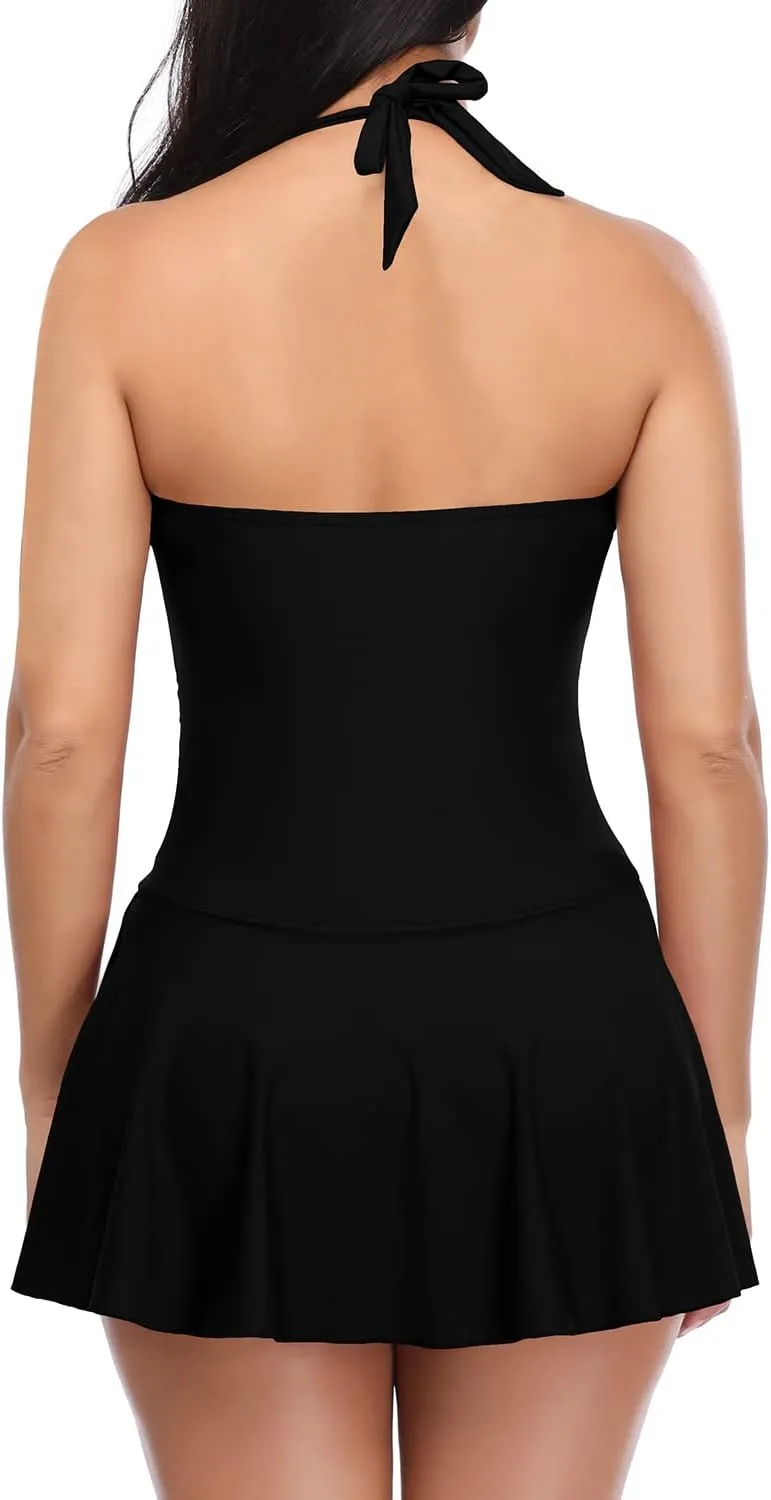SHEKINI Women's Halter One Piece Skirt Swimsuit Ruched Swimdress Tummy Control Bathing Suit