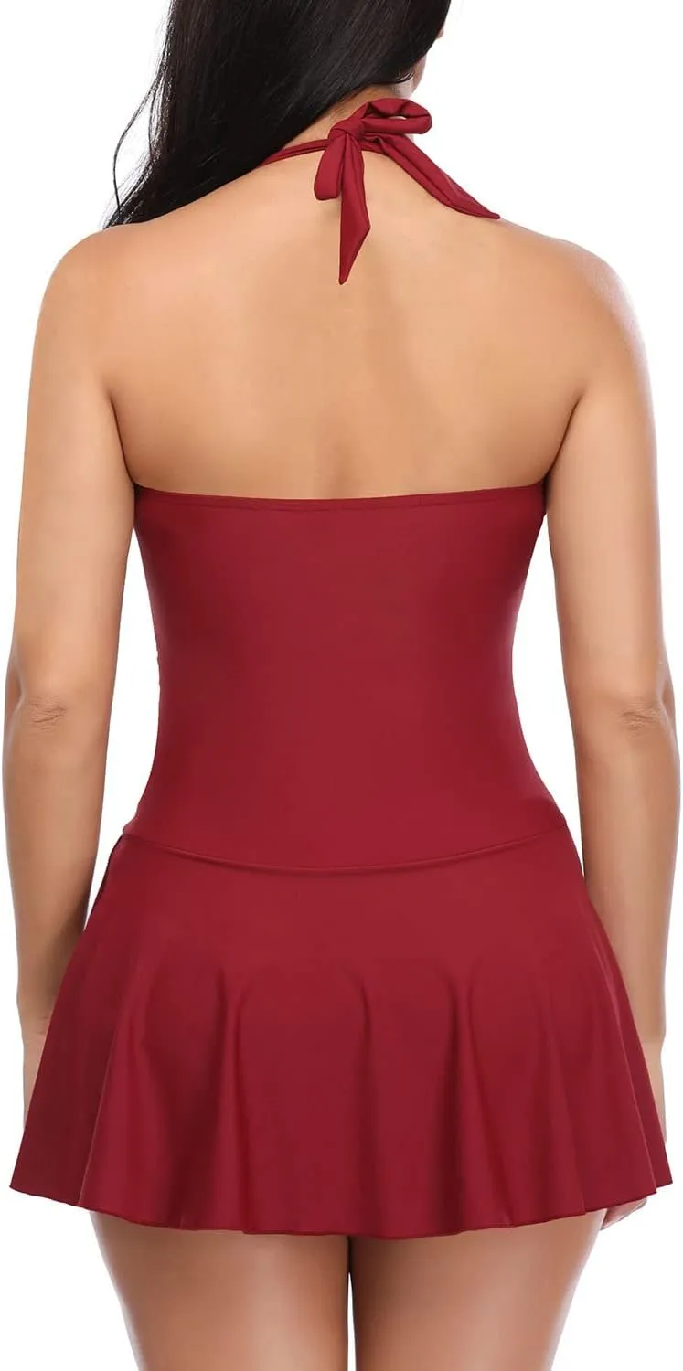 SHEKINI Women's Halter One Piece Skirt Swimsuit Ruched Swimdress Tummy Control Bathing Suit