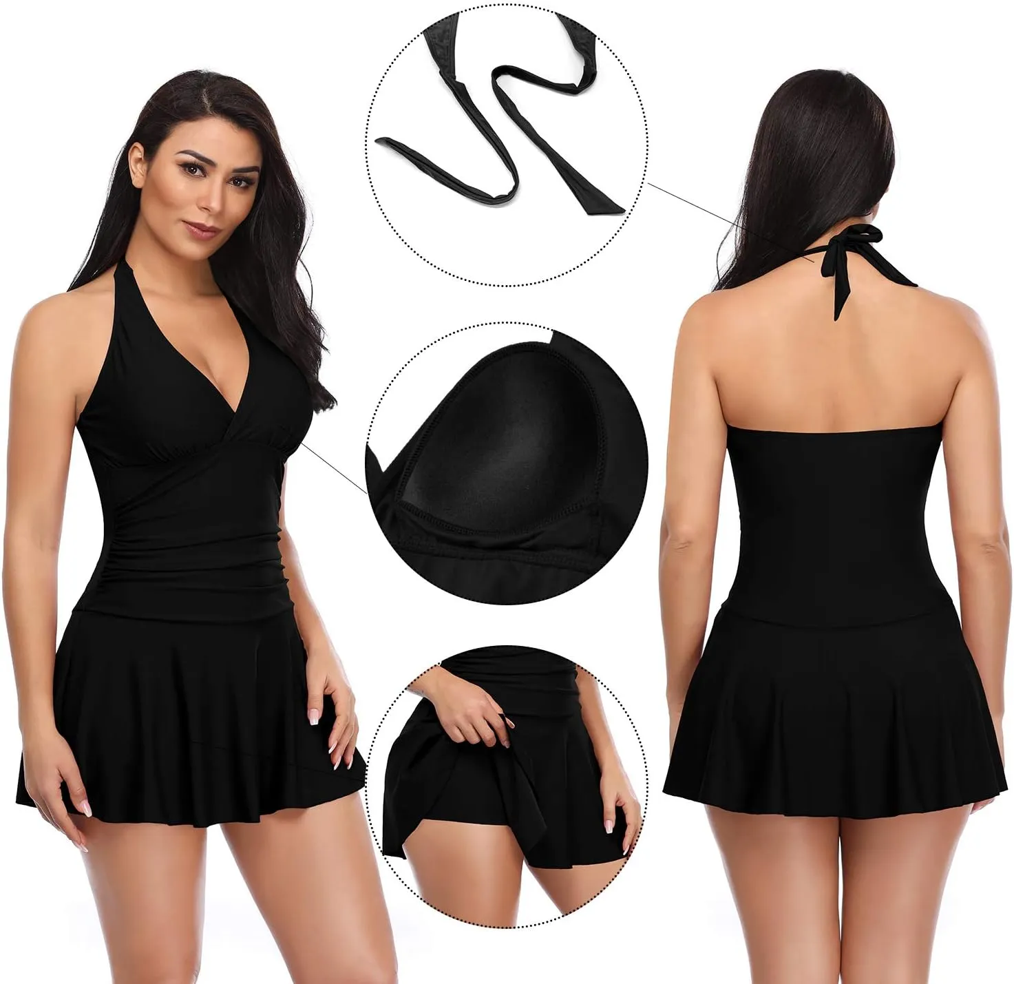 SHEKINI Women's Halter One Piece Skirt Swimsuit Ruched Swimdress Tummy Control Bathing Suit