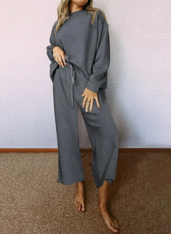 SHEWIN Women's 2 Piece Outfits Sweatsuit Casual Long Sleeve Pullover Tops and Drawstring Wide Leg Pants Lounge Sets