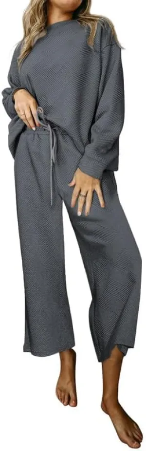 SHEWIN Women's 2 Piece Outfits Sweatsuit Casual Long Sleeve Pullover Tops and Drawstring Wide Leg Pants Lounge Sets