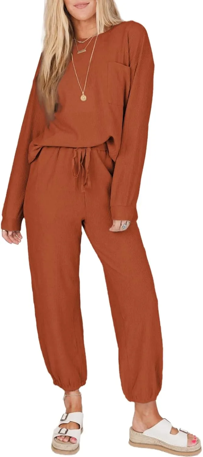 SHEWIN Women's 2 Piece Outfits Waffle Knit Lounge Sets Casual Long Sleeve Pullover Drawstring Jogger Pants Tracksuit Set