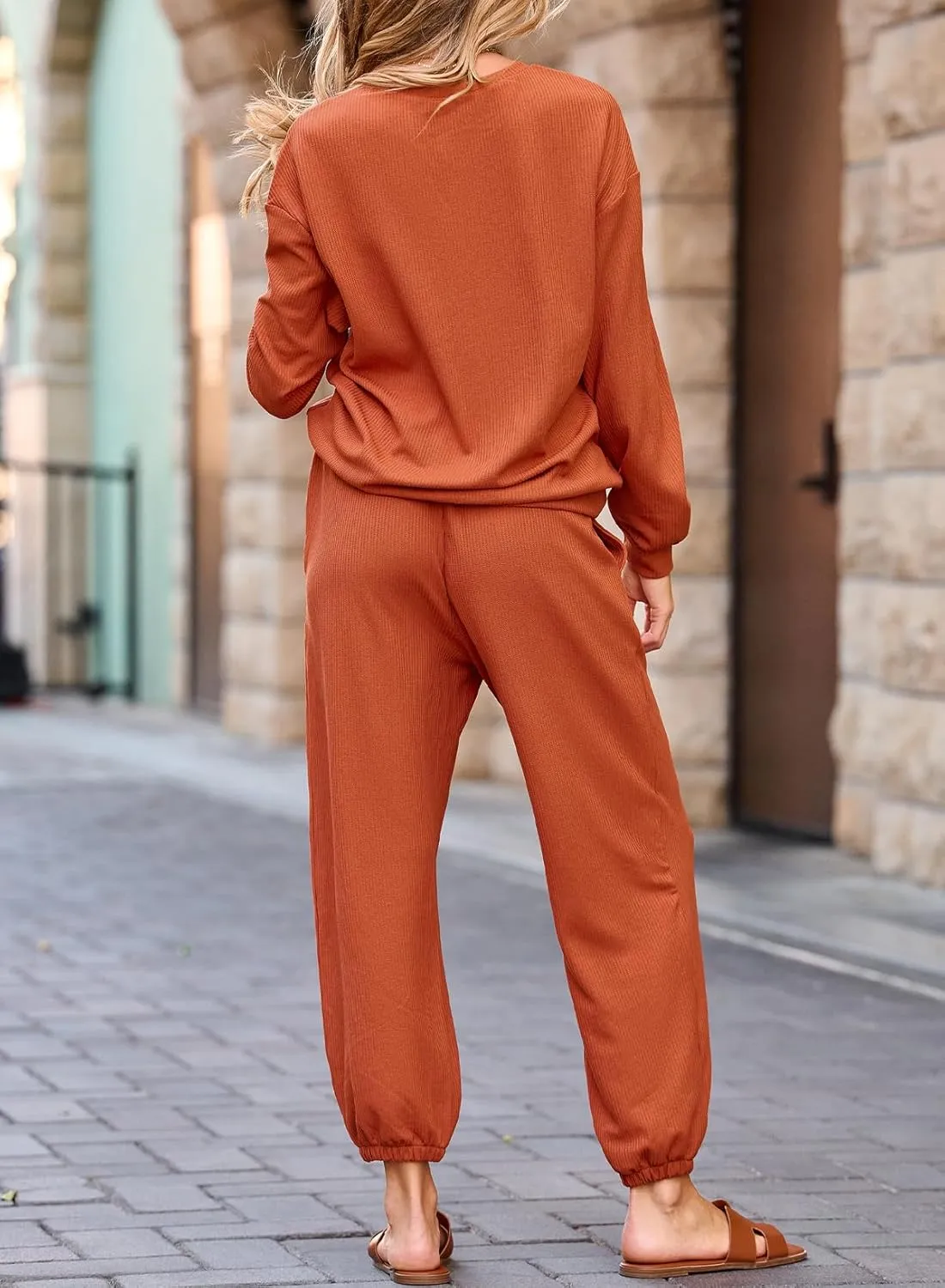 SHEWIN Women's 2 Piece Outfits Waffle Knit Lounge Sets Casual Long Sleeve Pullover Drawstring Jogger Pants Tracksuit Set