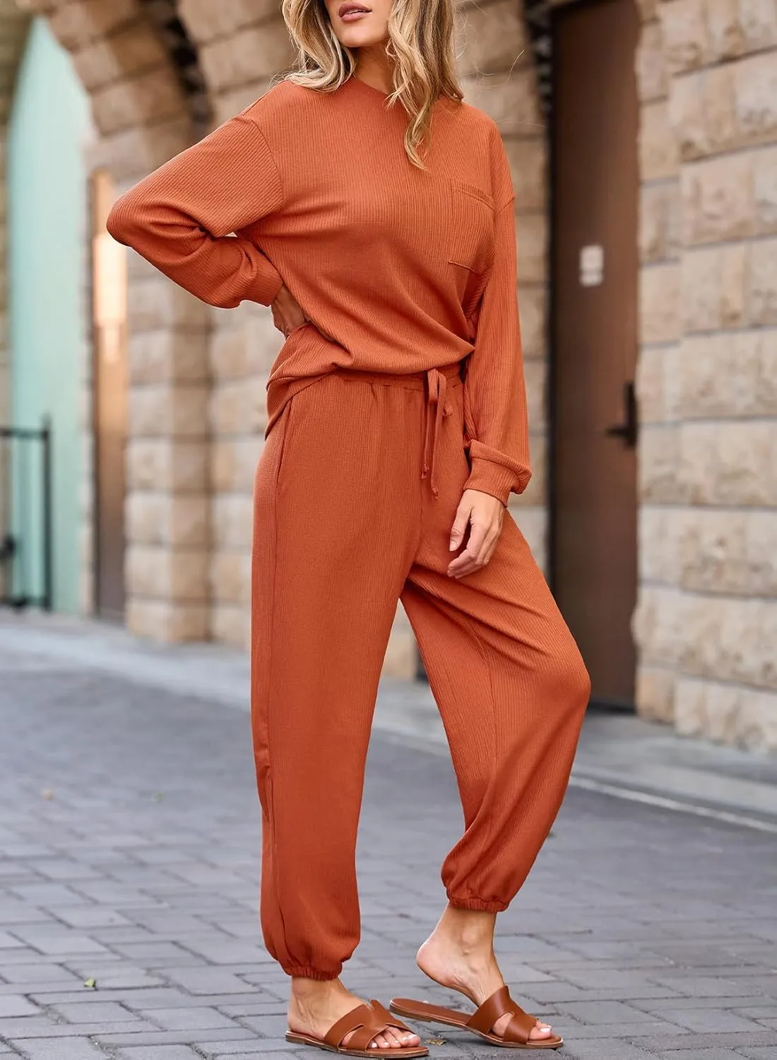SHEWIN Women's 2 Piece Outfits Waffle Knit Lounge Sets Casual Long Sleeve Pullover Drawstring Jogger Pants Tracksuit Set