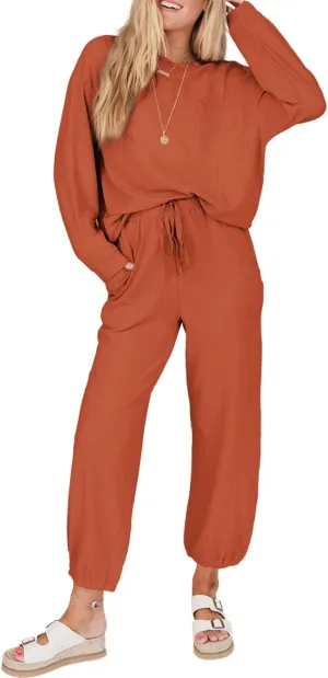 SHEWIN Women's 2 Piece Outfits Waffle Knit Lounge Sets Casual Long Sleeve Pullover Drawstring Jogger Pants Tracksuit Set