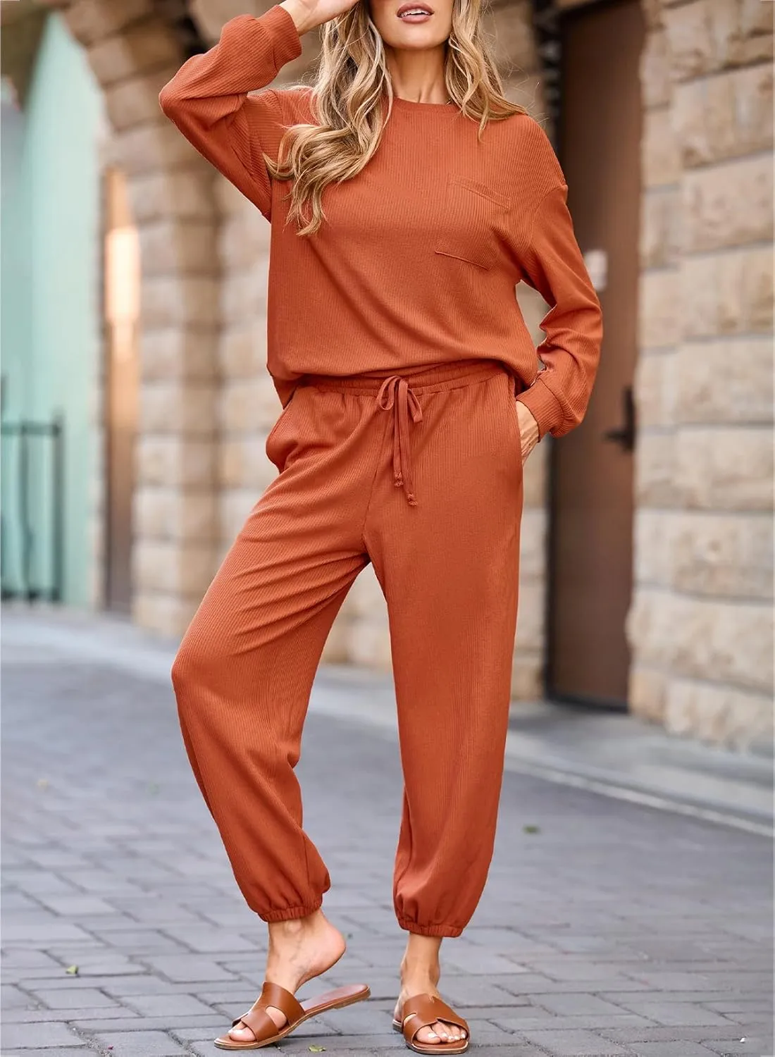 SHEWIN Women's 2 Piece Outfits Waffle Knit Lounge Sets Casual Long Sleeve Pullover Drawstring Jogger Pants Tracksuit Set