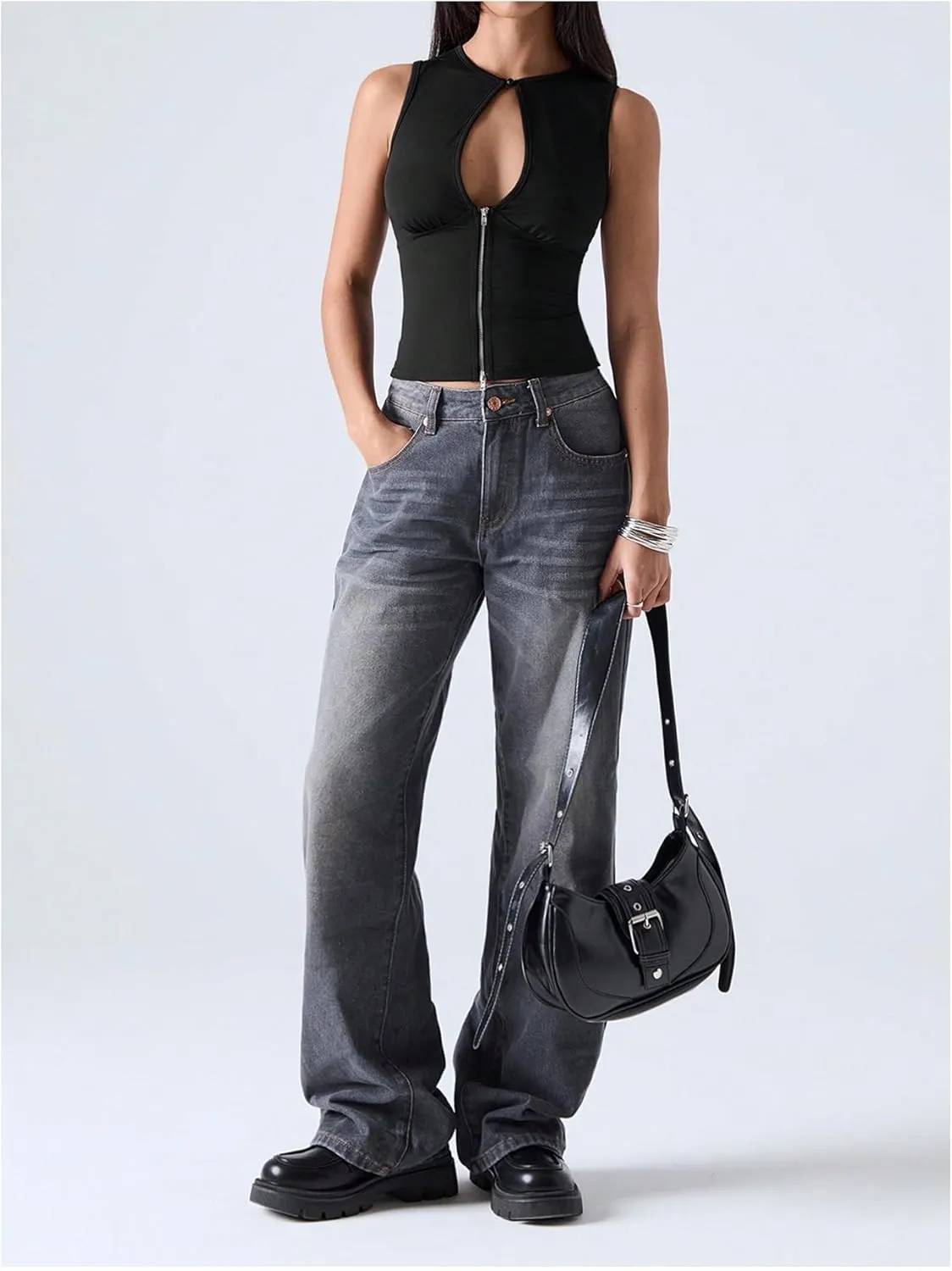 SOLY HUX Women's Cut Out Half Zip Tank Top Sleeveless Crew Neck Y2k Going Out Crop Tops