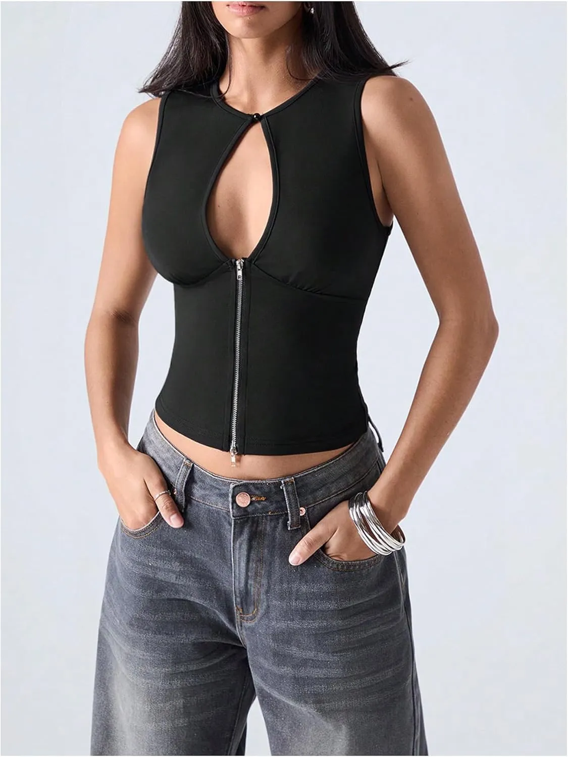 SOLY HUX Women's Cut Out Half Zip Tank Top Sleeveless Crew Neck Y2k Going Out Crop Tops