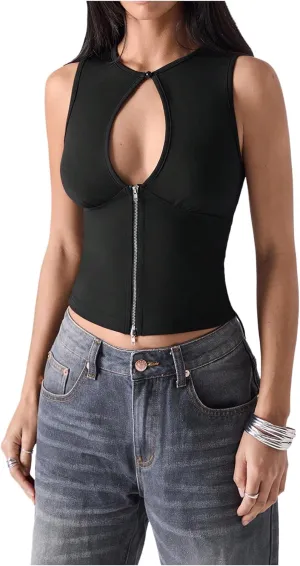 SOLY HUX Women's Cut Out Half Zip Tank Top Sleeveless Crew Neck Y2k Going Out Crop Tops