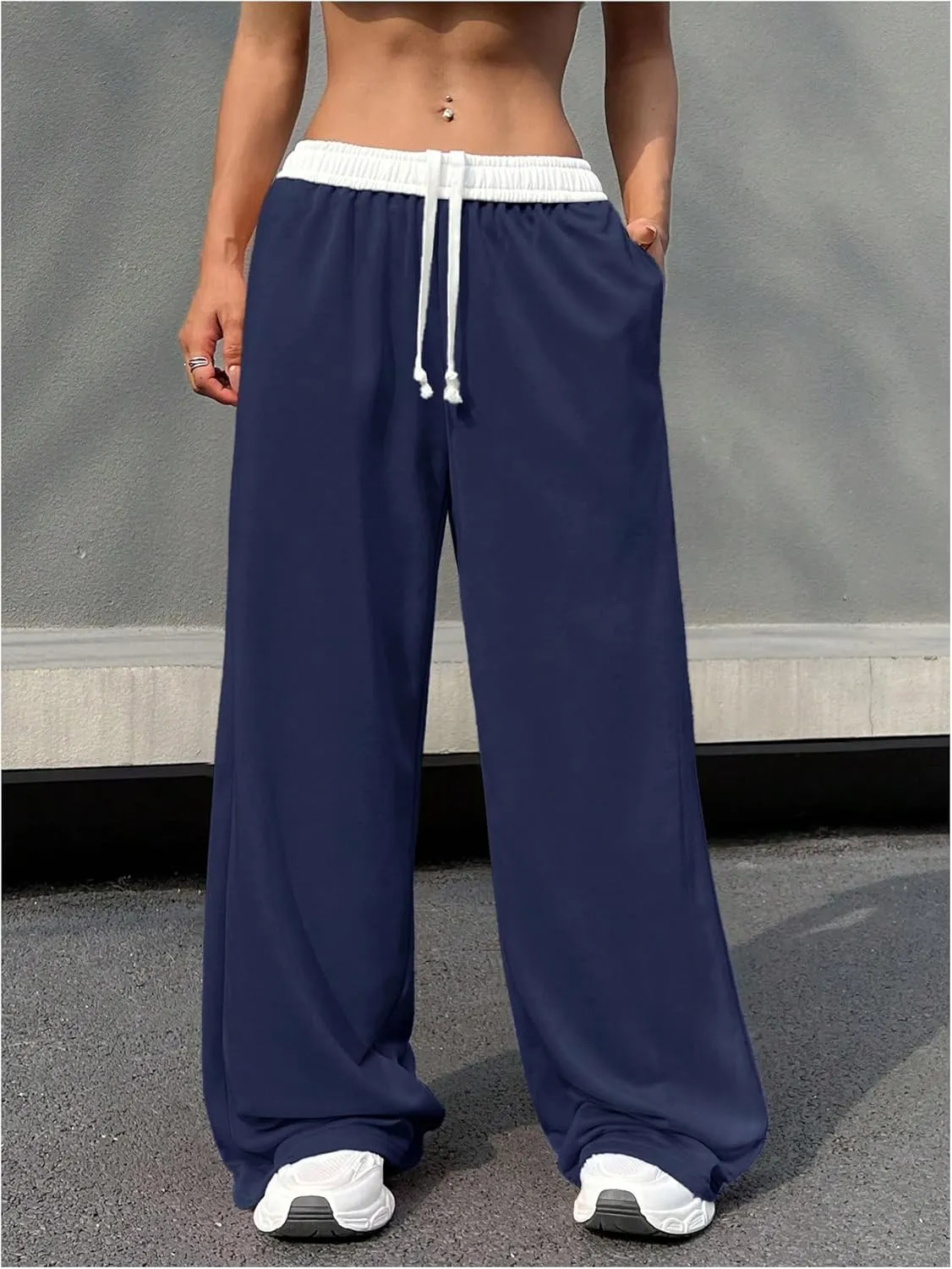 SOLY HUX Women's Drawstring Elastic Waist Wide Leg Pants Color Block Long Pants with Pockets