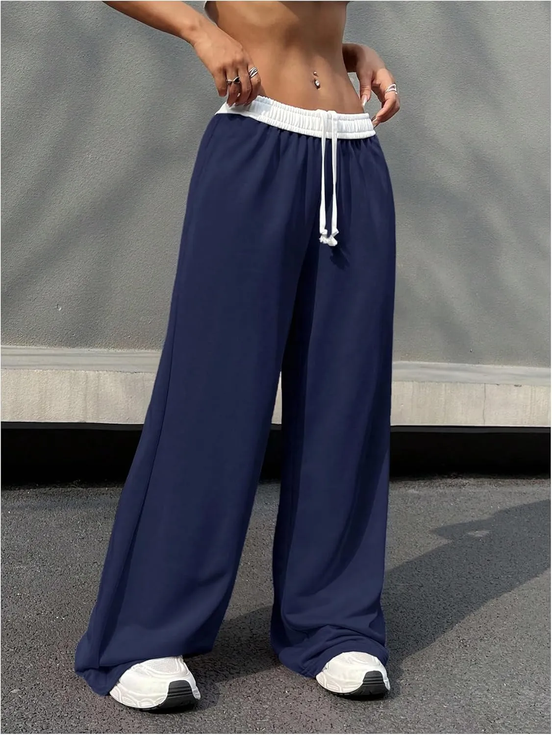 SOLY HUX Women's Drawstring Elastic Waist Wide Leg Pants Color Block Long Pants with Pockets