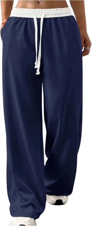 SOLY HUX Women's Drawstring Elastic Waist Wide Leg Pants Color Block Long Pants with Pockets
