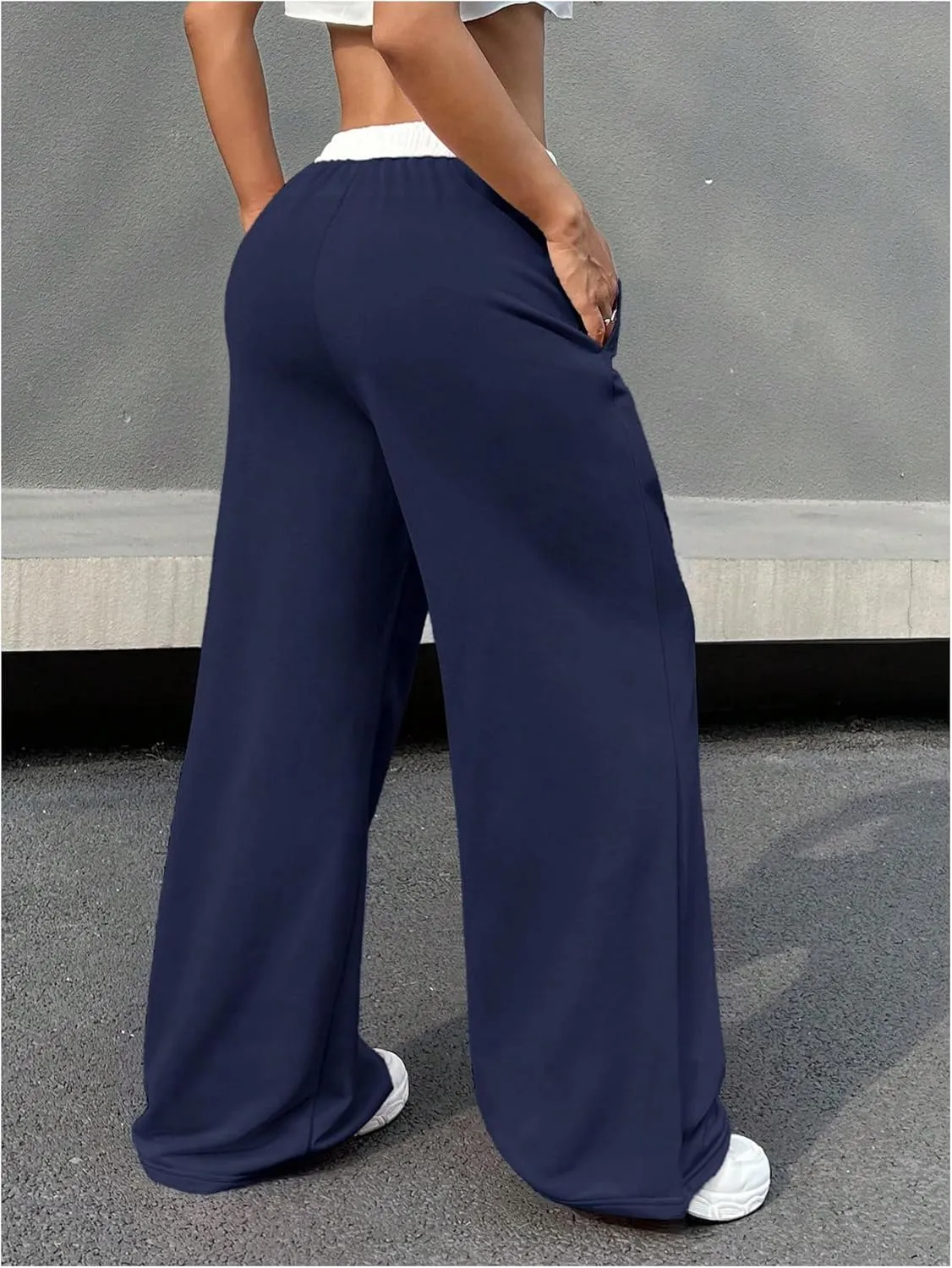 SOLY HUX Women's Drawstring Elastic Waist Wide Leg Pants Color Block Long Pants with Pockets