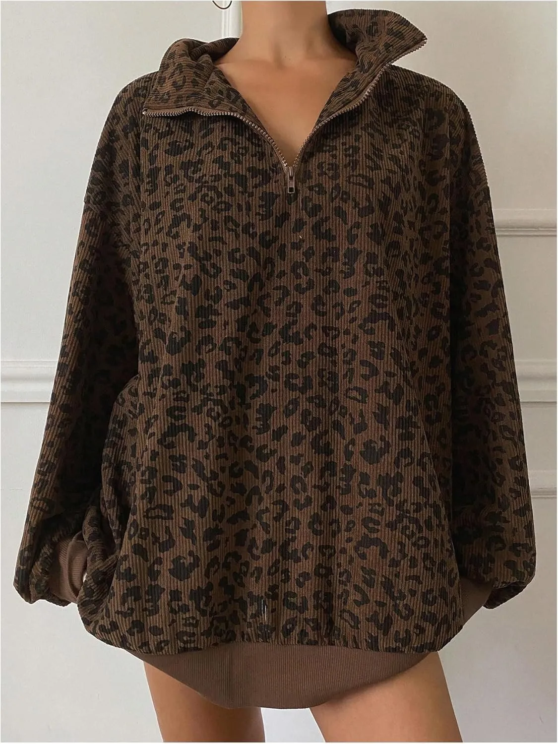 SOLY HUX Women's Leopard Sweatshirt Half Zip Collar Drop Shoulder Long Sleeve Cheetah Print Oversized Pullover Tops