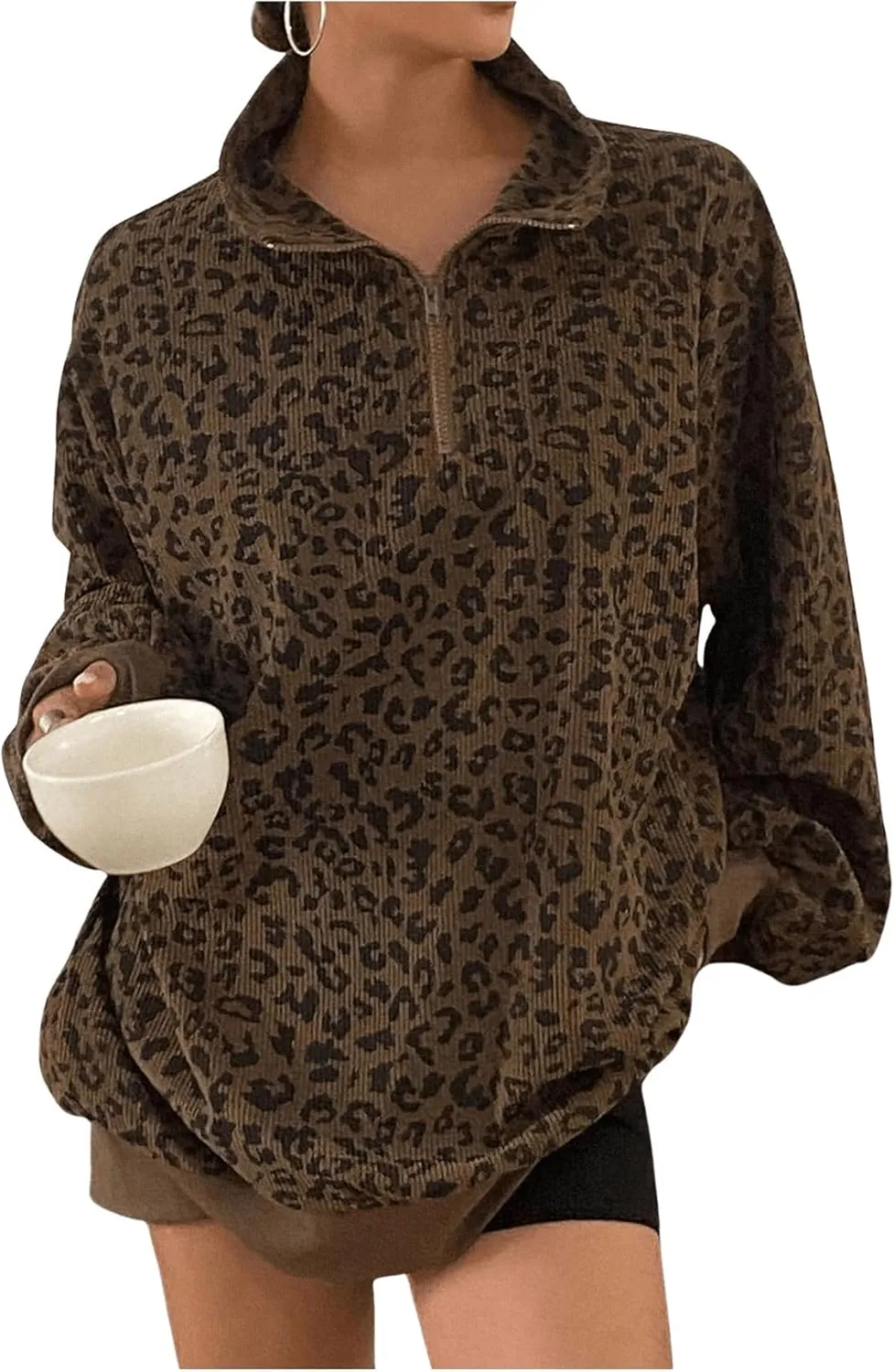 SOLY HUX Women's Leopard Sweatshirt Half Zip Collar Drop Shoulder Long Sleeve Cheetah Print Oversized Pullover Tops