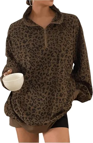 SOLY HUX Women's Leopard Sweatshirt Half Zip Collar Drop Shoulder Long Sleeve Cheetah Print Oversized Pullover Tops