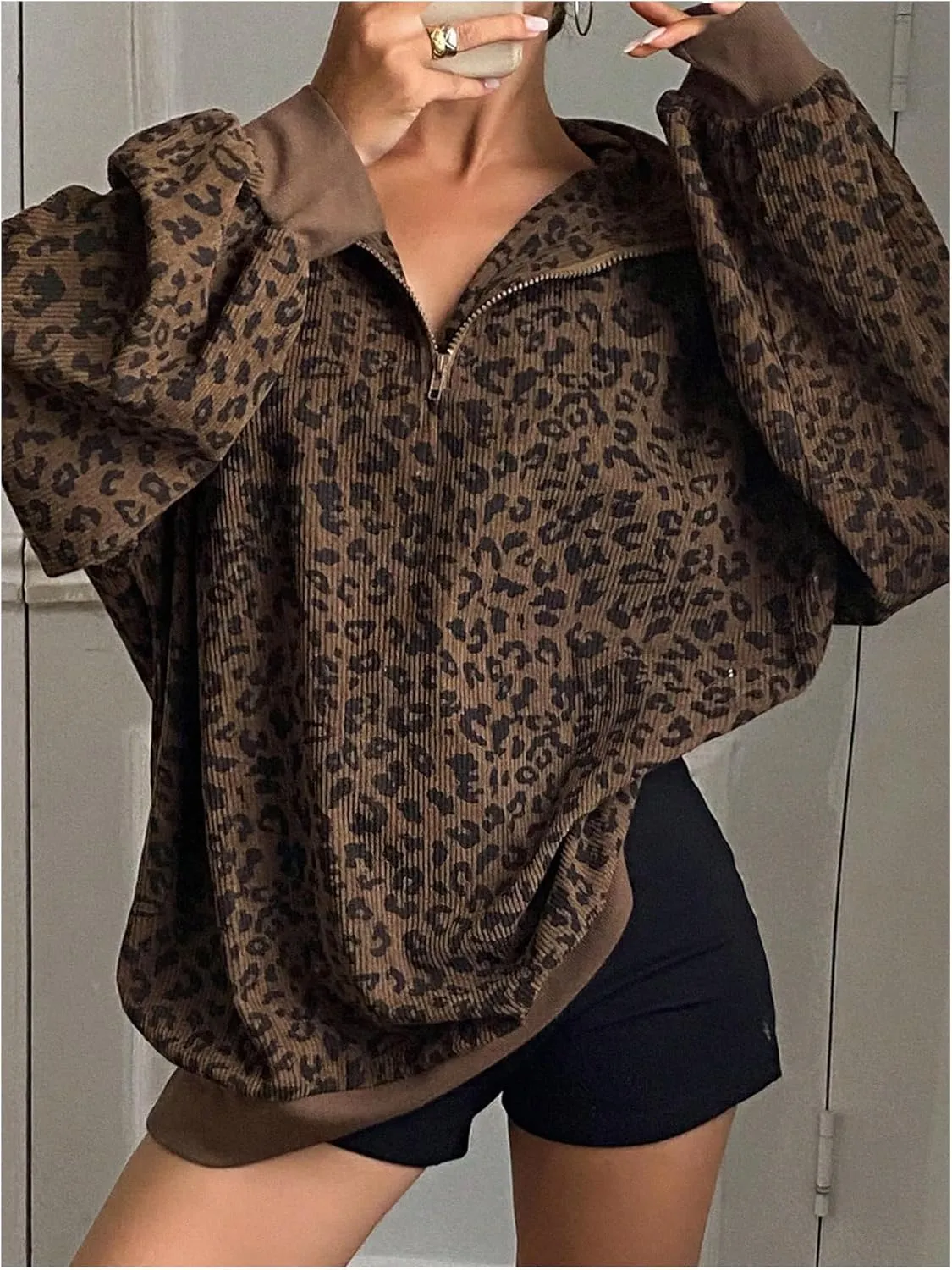SOLY HUX Women's Leopard Sweatshirt Half Zip Collar Drop Shoulder Long Sleeve Cheetah Print Oversized Pullover Tops