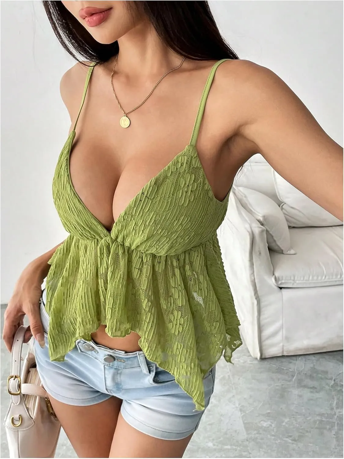 SOLY HUX Women's Sexy Y2k Camisole Lace V Neck Crop Top Summer Going Out Sleeveless Cami Tops