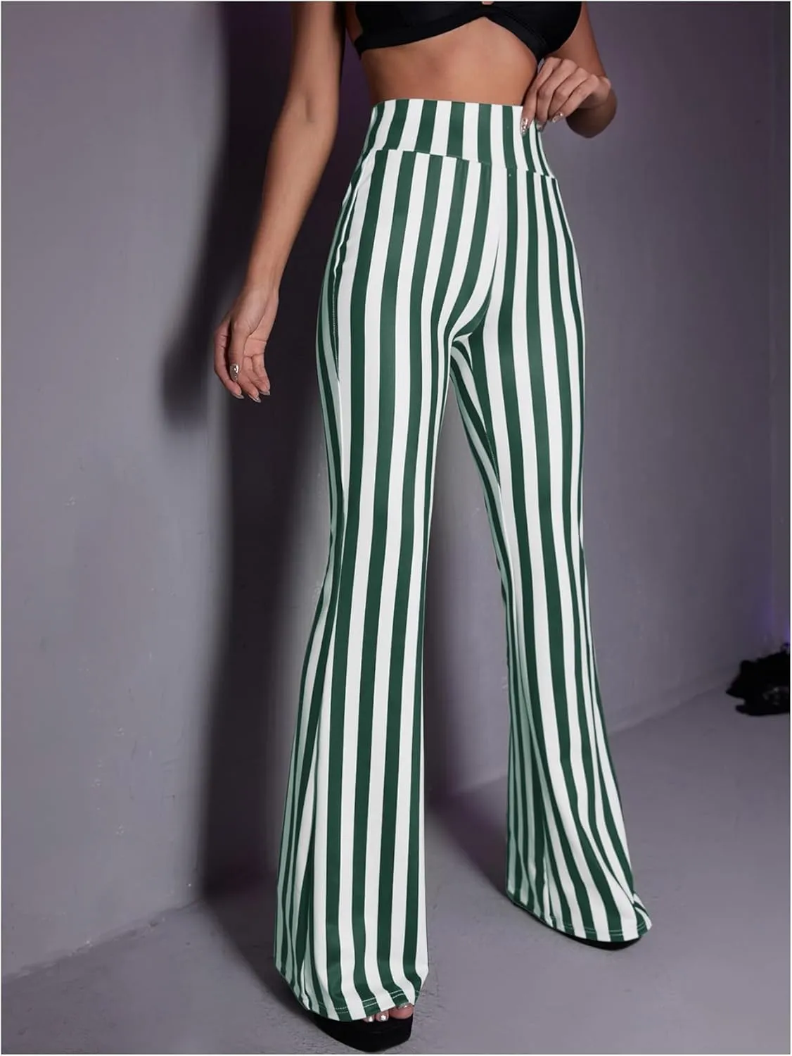 SOLY HUX Women's Striped Elastic High Waist Flare Leg Long Pants Casual Trousers
