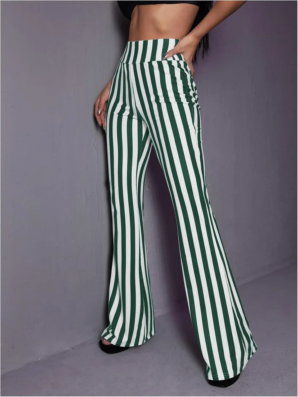 SOLY HUX Women's Striped Elastic High Waist Flare Leg Long Pants Casual Trousers