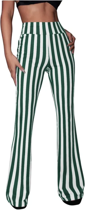 SOLY HUX Women's Striped Elastic High Waist Flare Leg Long Pants Casual Trousers