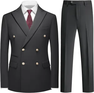 Suit for Men Solid Double Breasted 2 Piece Tuxedo Set Regular Fit Peak Lapels Jacket and Pants