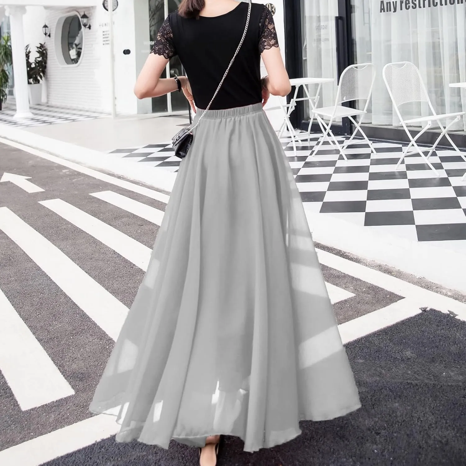 Summer Beach Skirt for Women Flowy Chiffon Maxi Skirts Floor Length High Waisted Pleated Skirt Vintage Tea Party Dresses