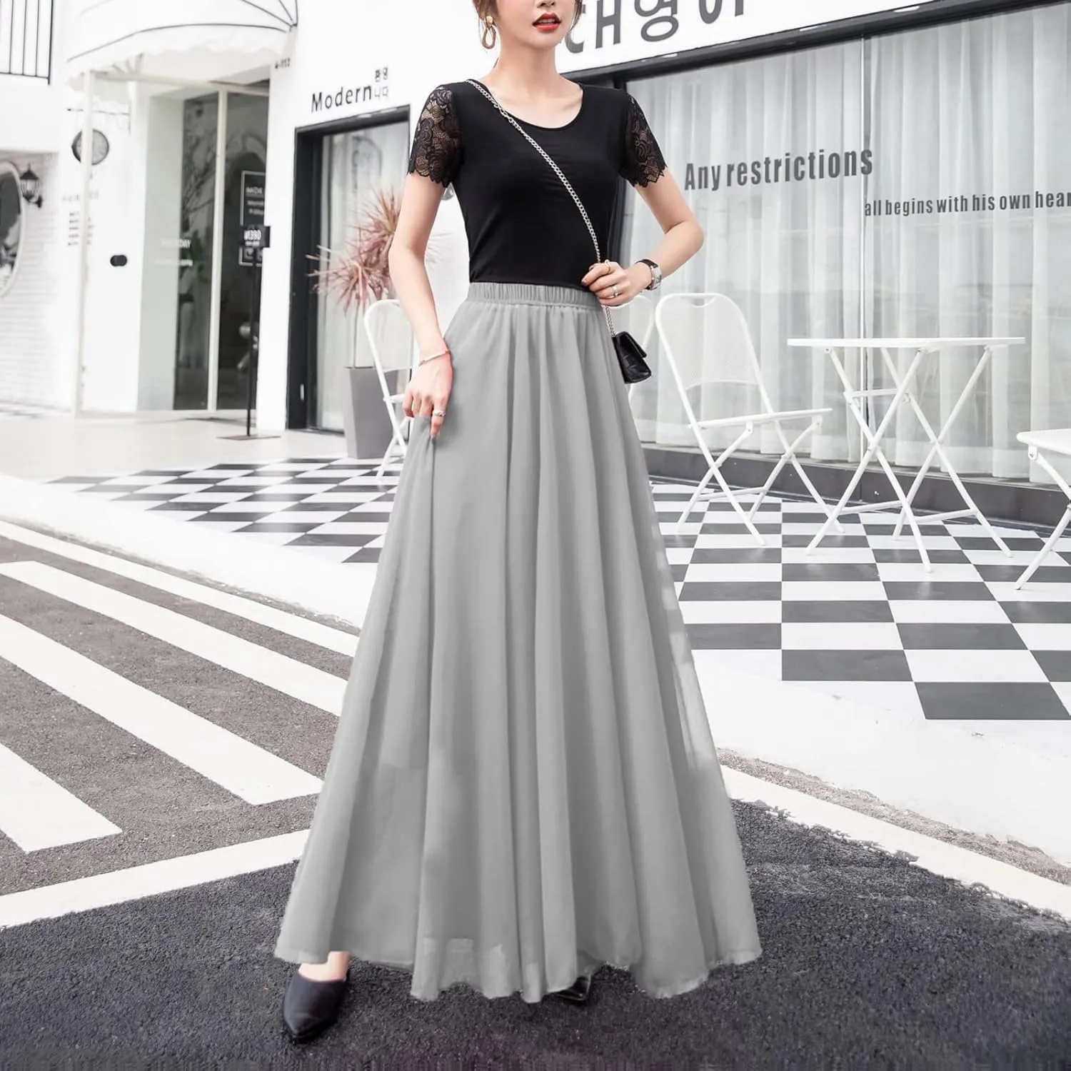 Summer Beach Skirt for Women Flowy Chiffon Maxi Skirts Floor Length High Waisted Pleated Skirt Vintage Tea Party Dresses