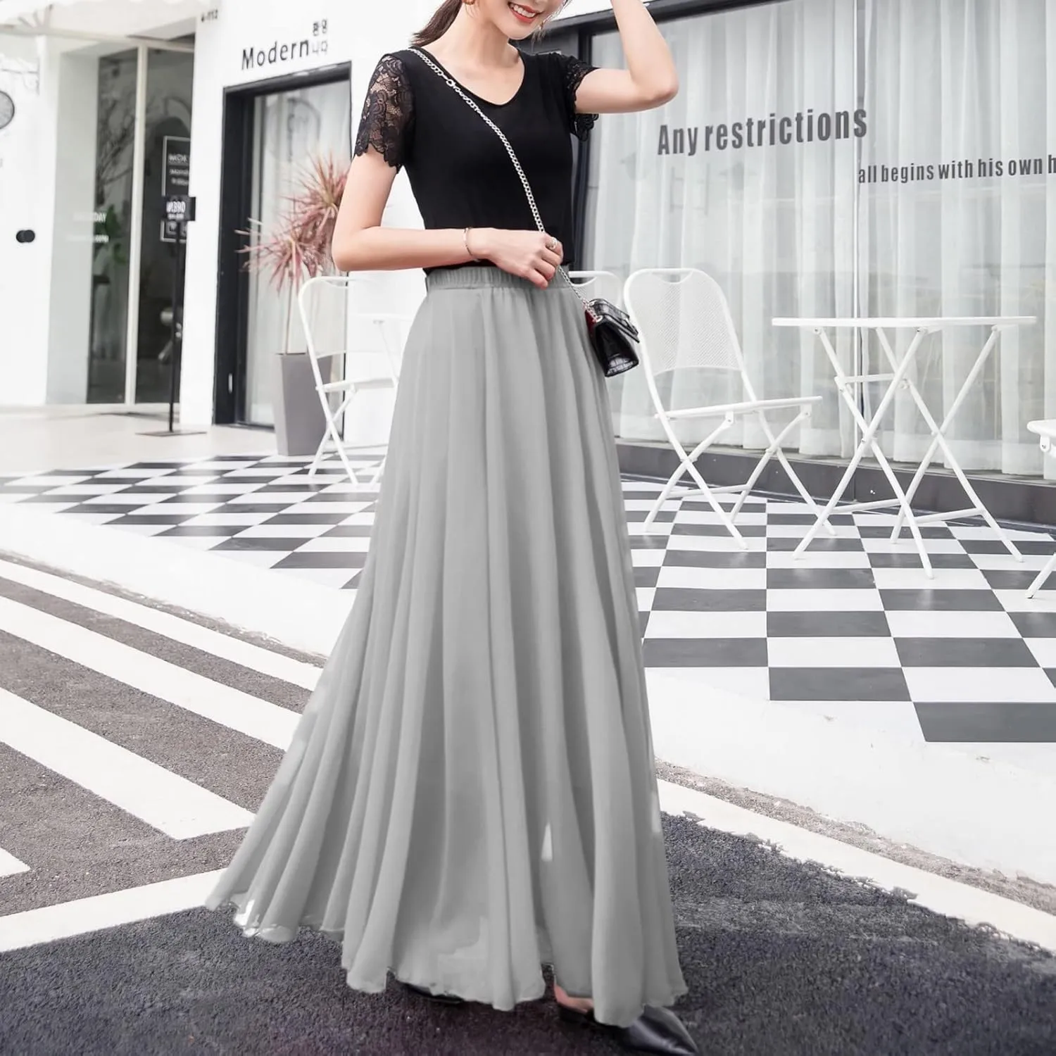 Summer Beach Skirt for Women Flowy Chiffon Maxi Skirts Floor Length High Waisted Pleated Skirt Vintage Tea Party Dresses