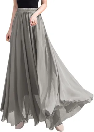 Summer Beach Skirt for Women Flowy Chiffon Maxi Skirts Floor Length High Waisted Pleated Skirt Vintage Tea Party Dresses