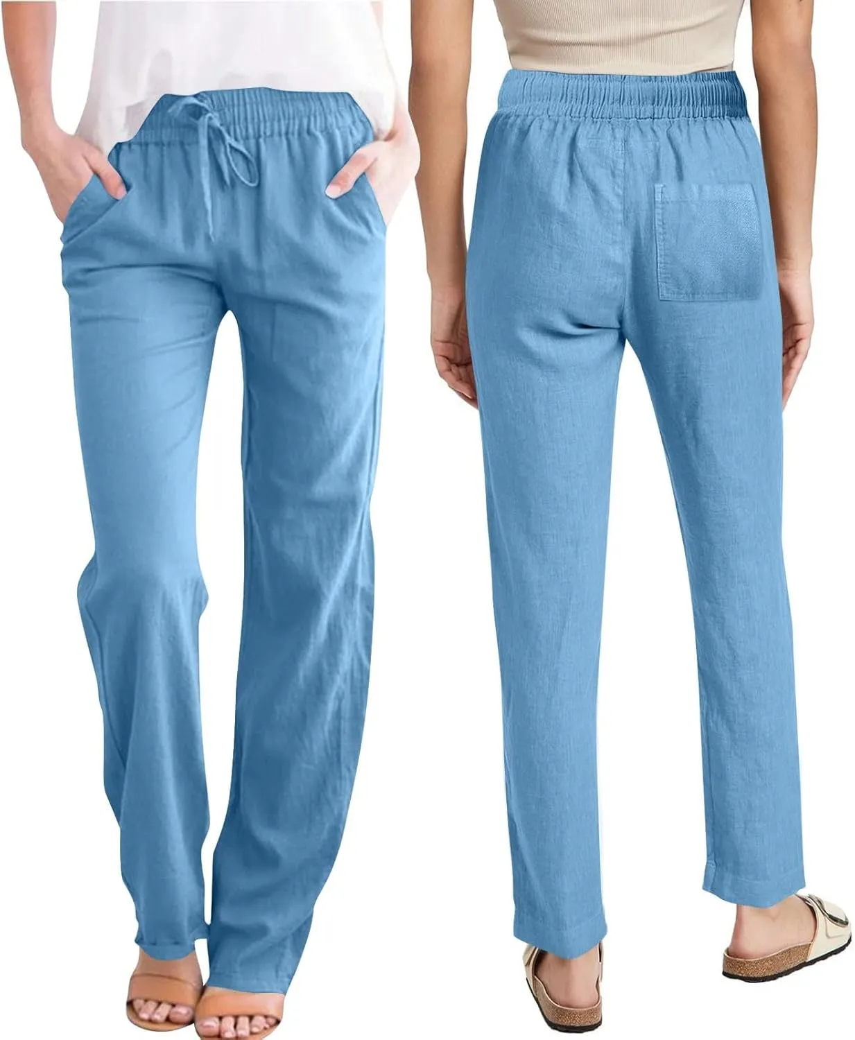 Summer Pants for Women 2025 Casual Drawstring High Waisted Linen Pants Beach Wide Leg Trousers with Pockets
