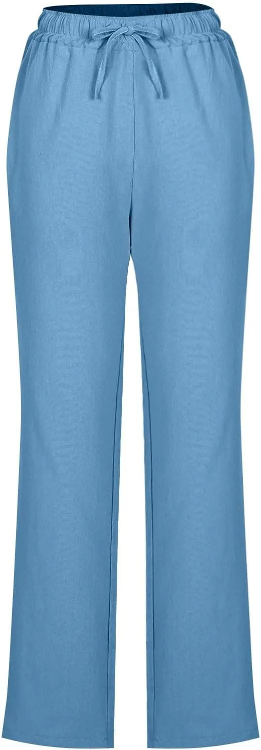 Summer Pants for Women 2025 Casual Drawstring High Waisted Linen Pants Beach Wide Leg Trousers with Pockets