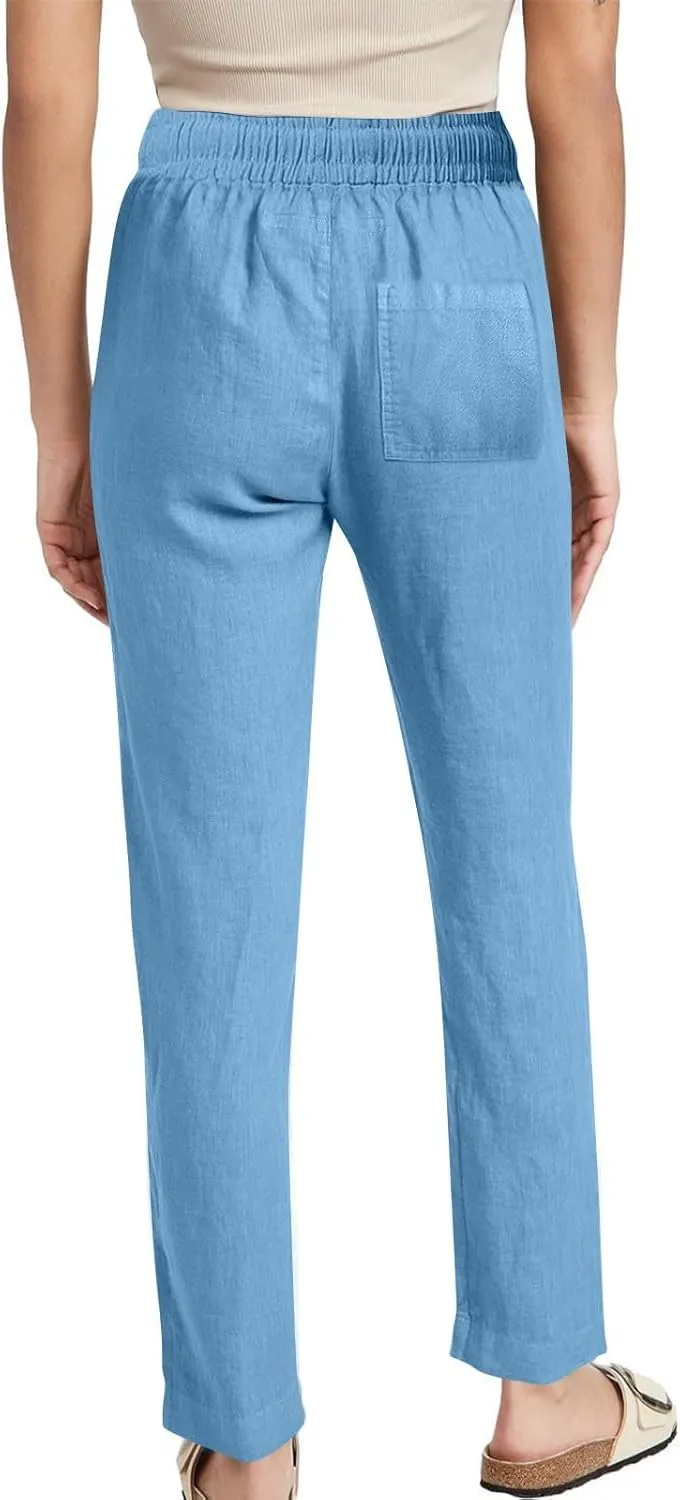 Summer Pants for Women 2025 Casual Drawstring High Waisted Linen Pants Beach Wide Leg Trousers with Pockets