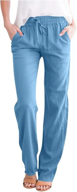 Summer Pants for Women 2025 Casual Drawstring High Waisted Linen Pants Beach Wide Leg Trousers with Pockets