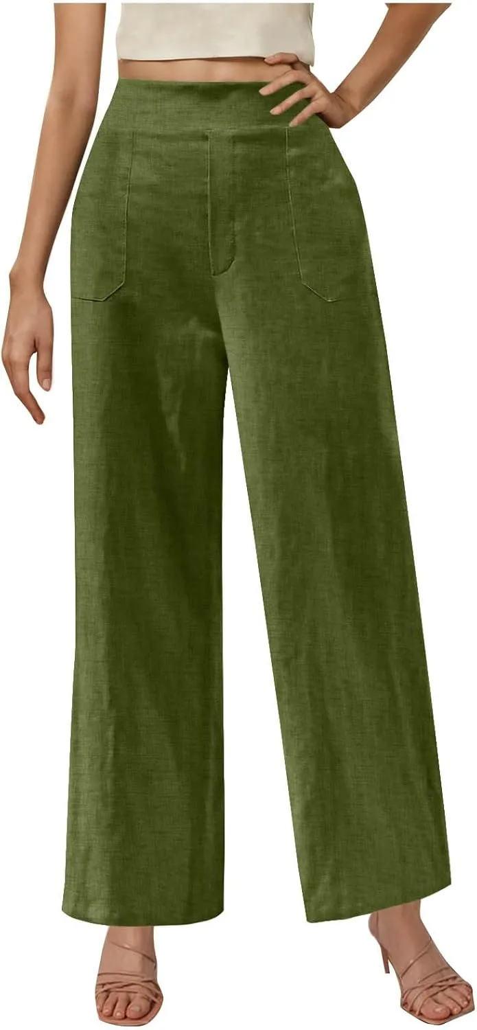 Summer Pants for Women Dressy Linen Pants Women Summer High Waisted Wide Leg Linen Pants Trousers with Pockets