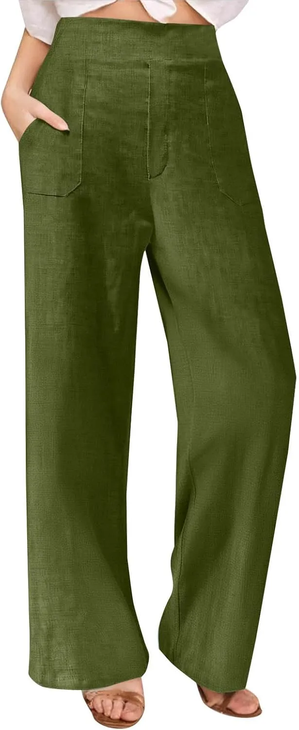 Summer Pants for Women Dressy Linen Pants Women Summer High Waisted Wide Leg Linen Pants Trousers with Pockets