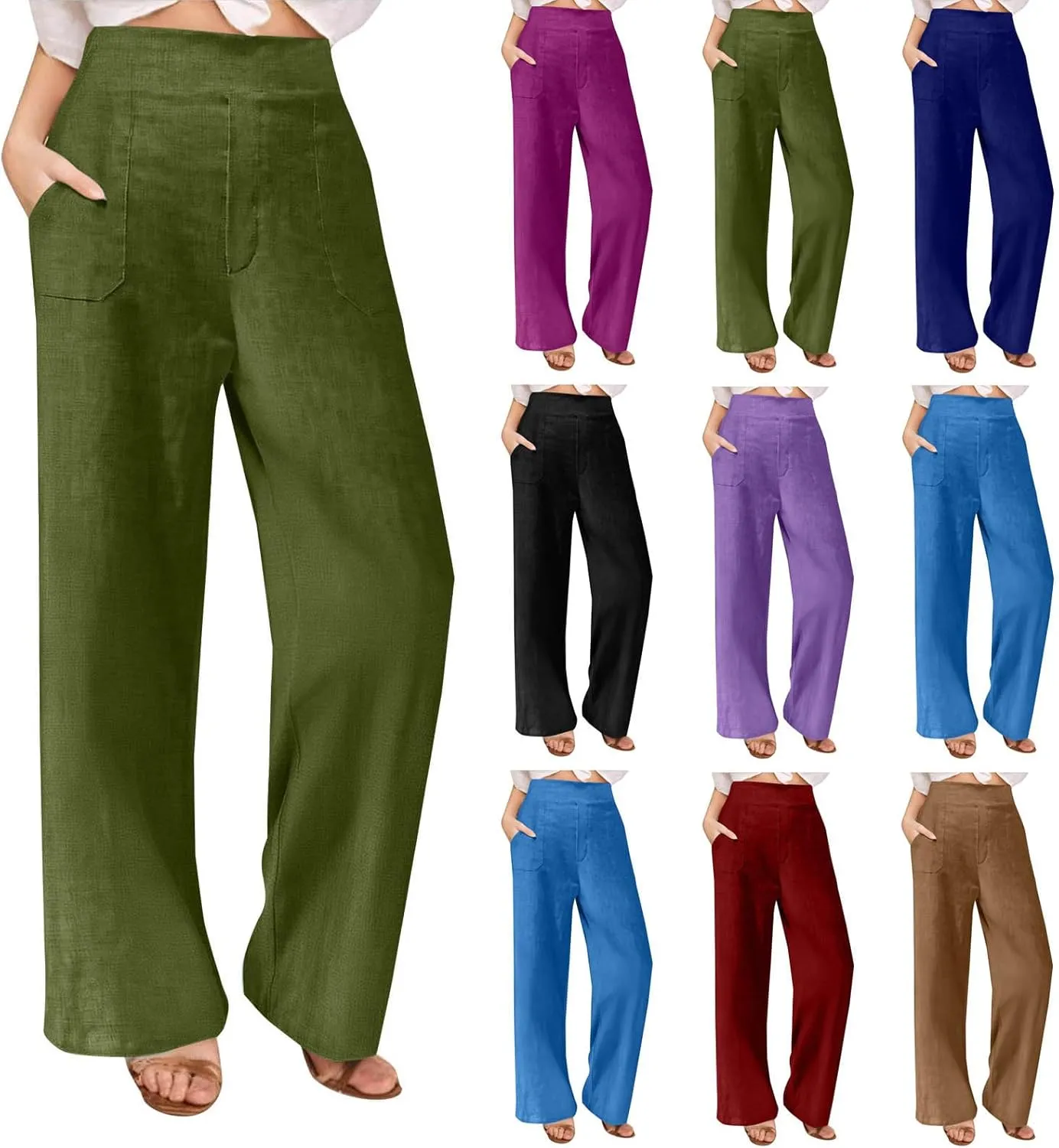 Summer Pants for Women Dressy Linen Pants Women Summer High Waisted Wide Leg Linen Pants Trousers with Pockets