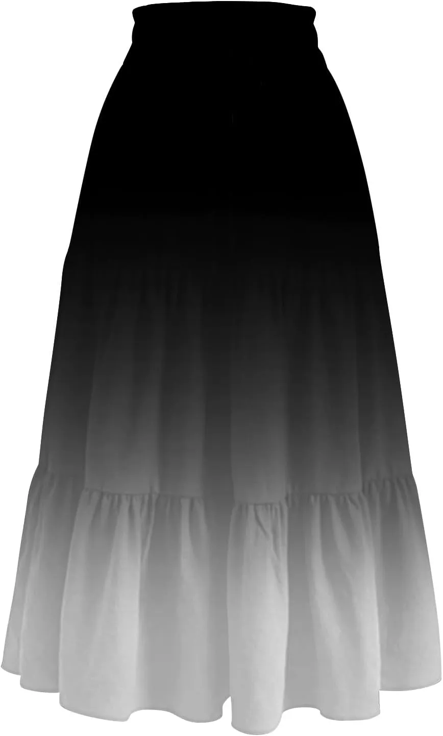 Summer Skirts for Women Ruched Elastic Waist Ruffle Boho Skirt Tiered A Line Midi Skirt Vacation Clothes with Pocket