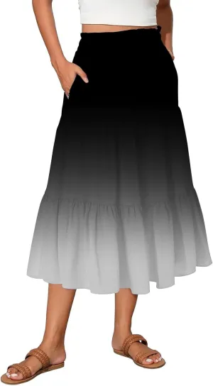 Summer Skirts for Women Ruched Elastic Waist Ruffle Boho Skirt Tiered A Line Midi Skirt Vacation Clothes with Pocket