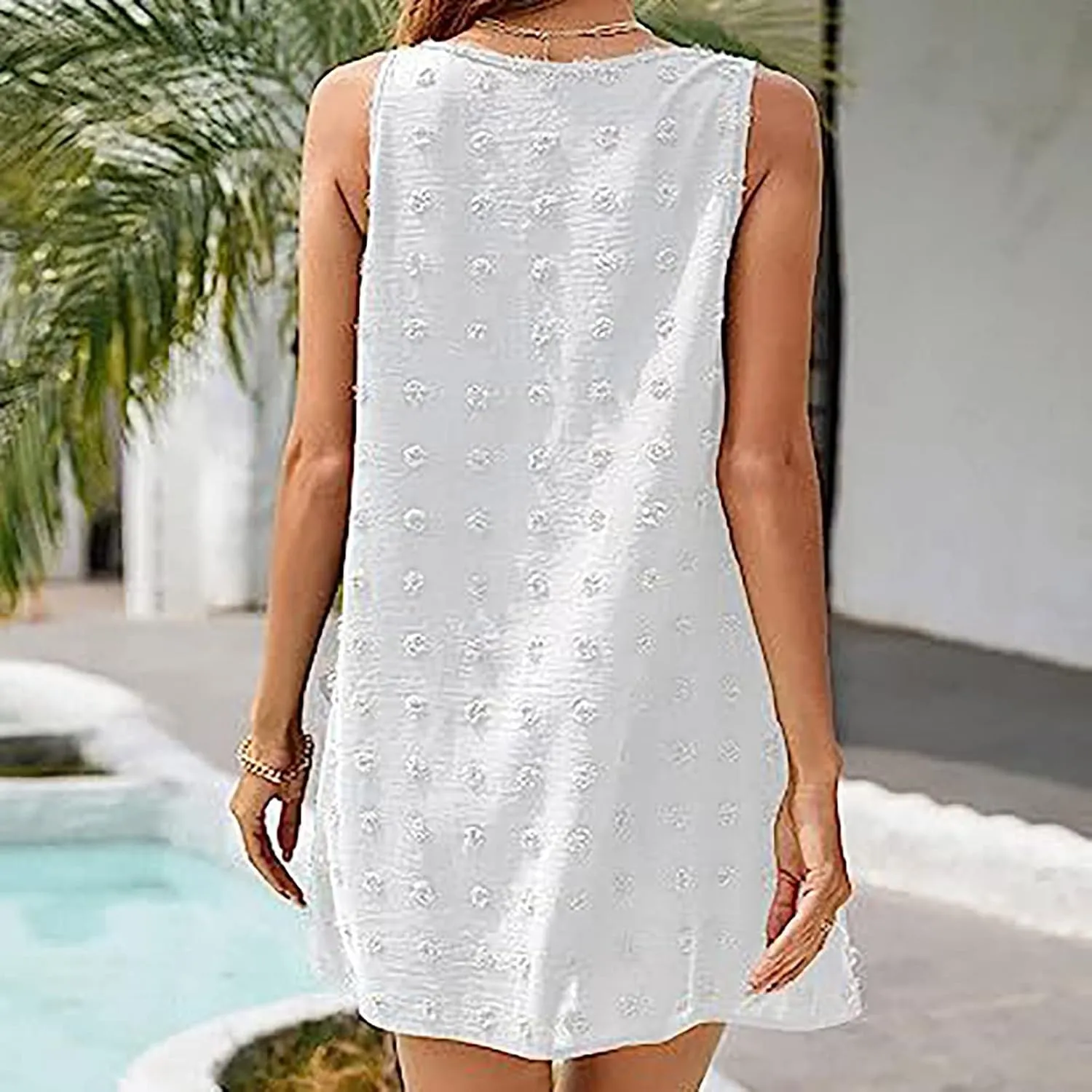 Sundress for Women Trendy V Neck Sleeveless Tank Dresses Swiss Polka Dot Cover Up Beach Vacation Clothing with Pocket