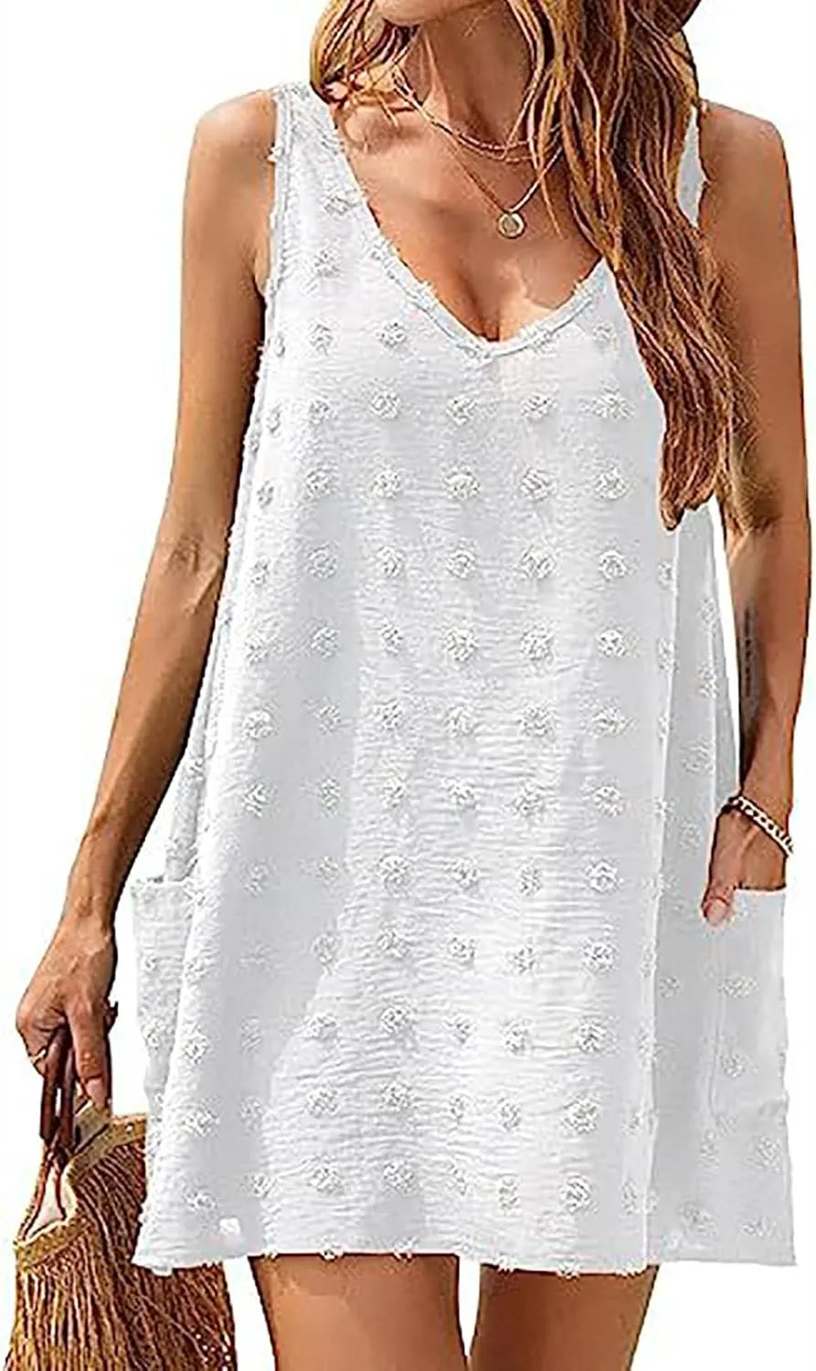 Sundress for Women Trendy V Neck Sleeveless Tank Dresses Swiss Polka Dot Cover Up Beach Vacation Clothing with Pocket