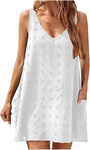 Sundress for Women Trendy V Neck Sleeveless Tank Dresses Swiss Polka Dot Cover Up Beach Vacation Clothing with Pocket