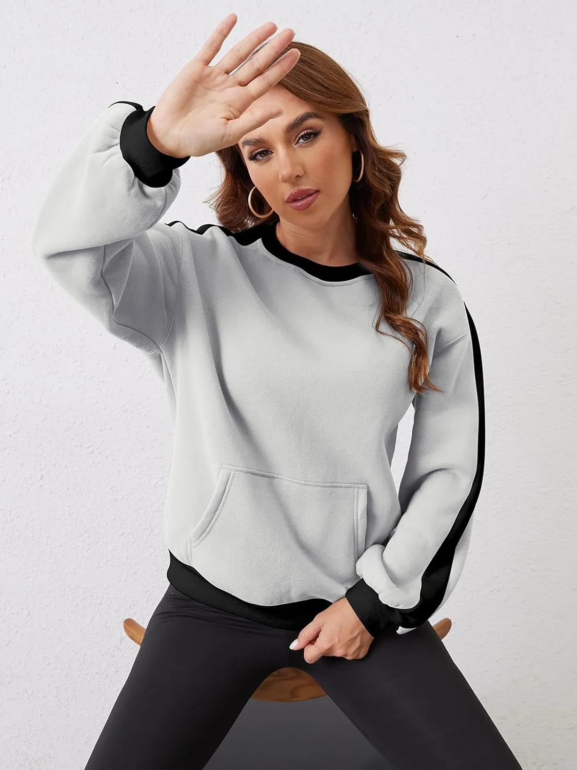 Sureple Women'S Fleece Sweatshirts Color Block Ribbed Crewneck Long Sleeve Pullover Tops Fall Winter Clothing With Pockets
