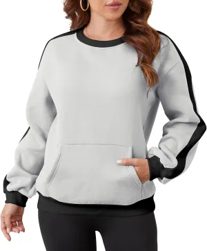 Sureple Women'S Fleece Sweatshirts Color Block Ribbed Crewneck Long Sleeve Pullover Tops Fall Winter Clothing With Pockets