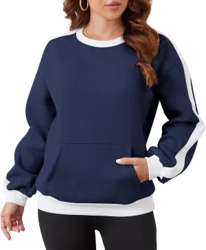 Sureple Women'S Fleece Sweatshirts Color Block Ribbed Crewneck Long Sleeve Pullover Tops Fall Winter Clothing With Pockets