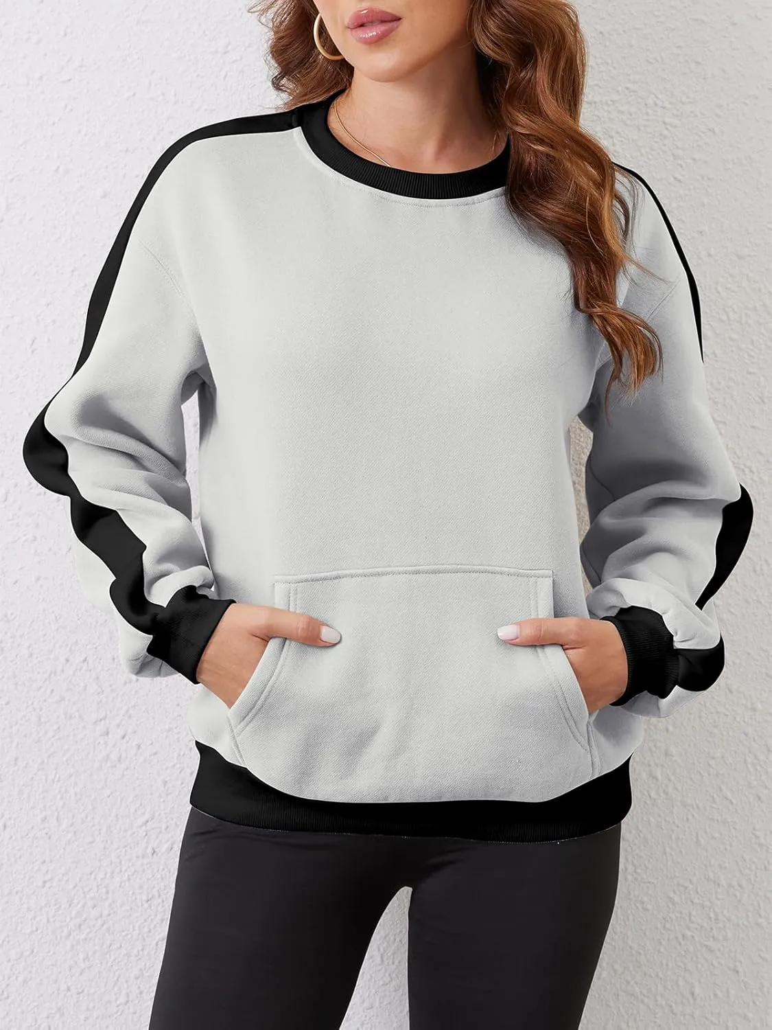 Sureple Women'S Fleece Sweatshirts Color Block Ribbed Crewneck Long Sleeve Pullover Tops Fall Winter Clothing With Pockets