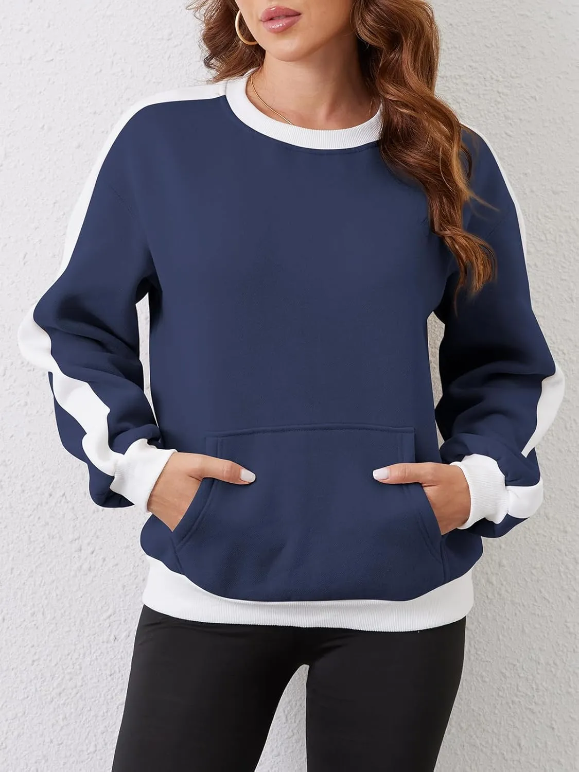 Sureple Women'S Fleece Sweatshirts Color Block Ribbed Crewneck Long Sleeve Pullover Tops Fall Winter Clothing With Pockets
