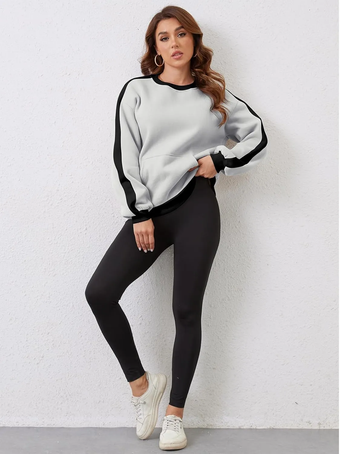 Sureple Women'S Fleece Sweatshirts Color Block Ribbed Crewneck Long Sleeve Pullover Tops Fall Winter Clothing With Pockets